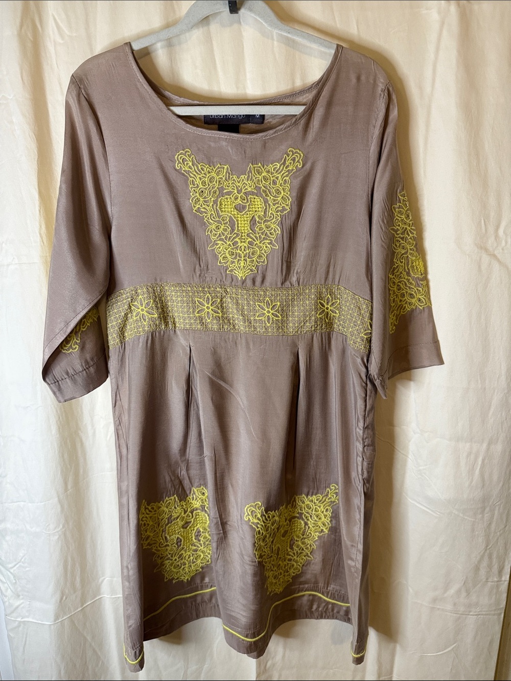 Taupe Midi Dress with Yellow Embroidered Accents